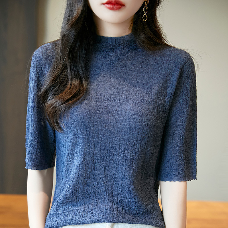 2025 Spring New Fine Wool Half Turtleneck Knitwear Three-Quarter Sleeve Stereo Pleated Pure Color Bottoming Shirt for Women