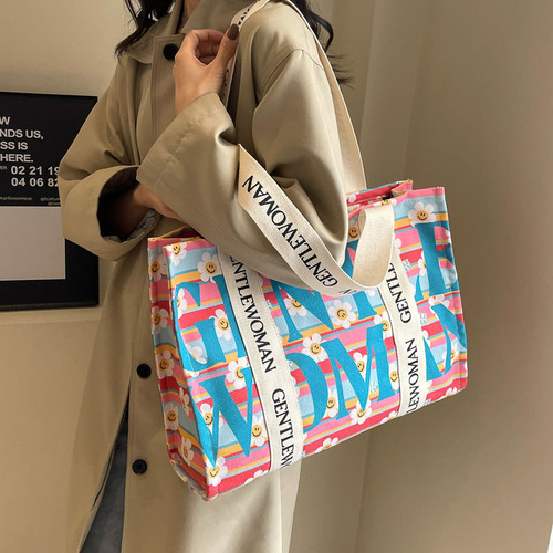 Gentle Woman印花帆布单肩包包女大容量字母托特包小众时尚通勤包