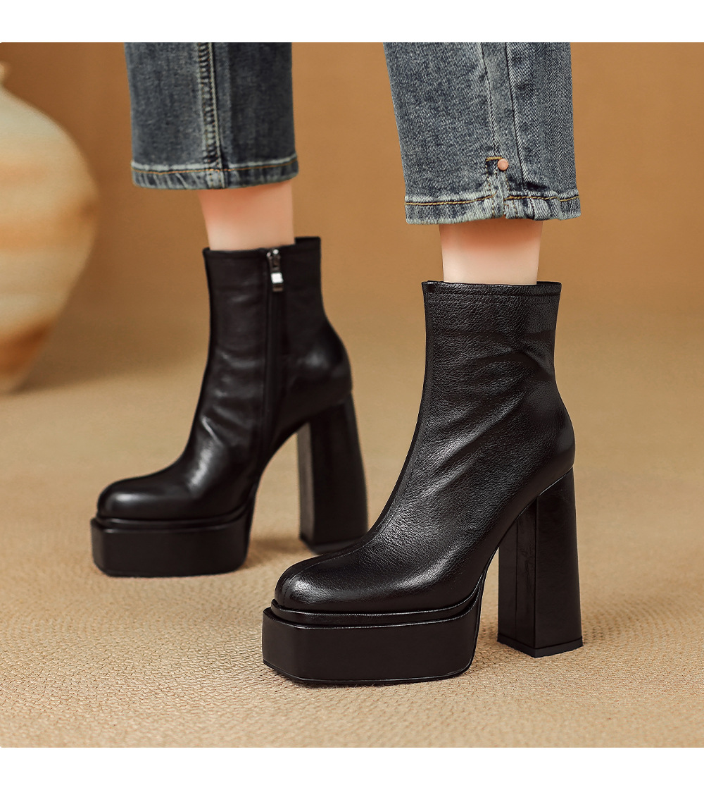 Boot nữ cổ cao ôm chân da dê mềm gót vuông đế xuồng 12.5 cm — Lớp lót nhung đen chi tiết 6