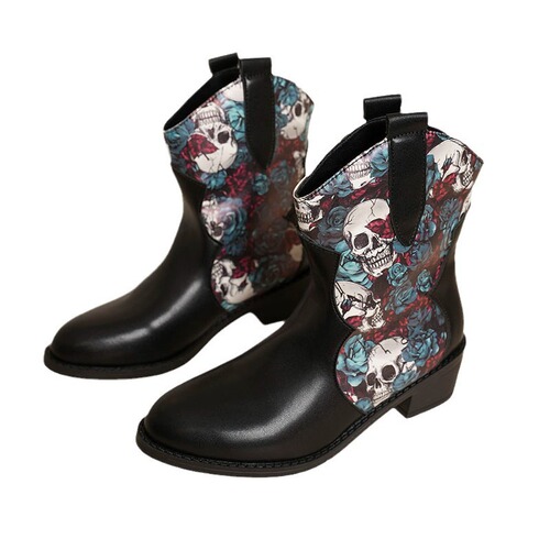 24 Autumn/Winter European and American Style Rough Heel Lady's High-Cut Boots with Round Toe Color Block Fashion Boots with Medium Heel PU Slip-On Boots
