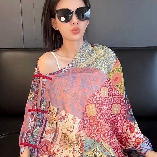 Summer Sun Protection Shawl for Women 2025 New Design with Button Fasteners Long Length Ethnic Style Travel Photography Thin Beach Silk Scarf Cloak