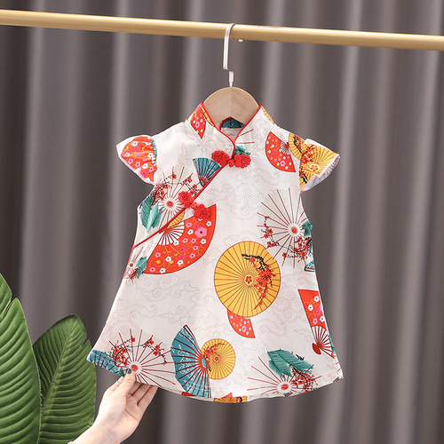 Girls' qipao 2024 Spring and Summer Children's Cotton Linen Retro Dress Baby Chinese Style Modified Hanfu Flower Skirt