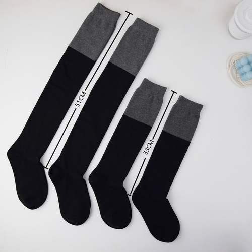 Women's Autumn/Winter Color Block Socks, Plain Color Mid-Calf Black and Grey Striped Over-the-Knee Semi-Calf Fashion Socks