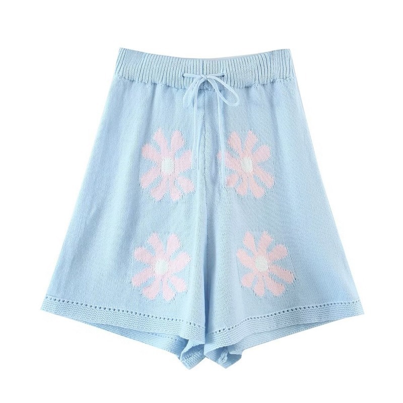 big flower print knitted elastic waist drawstring shorts NSXDX135759