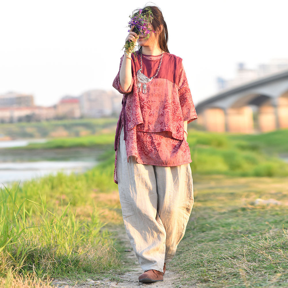 Mulberry dyed/spring and summer original cotton and linen women's clothing artistic retro vest digital printed waistcoat contrast color sleeveless top