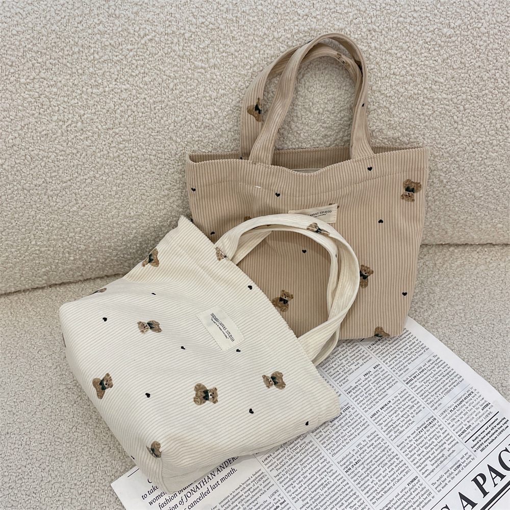 Corduroy Material Women's Corduroy Little Bear Cute Square Open Tote Bag