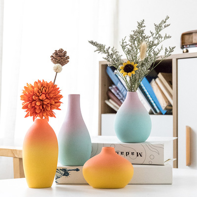创意北欧风轻奢渐变陶瓷小花瓶摆件客厅插花电视柜餐桌干花装饰品|ru