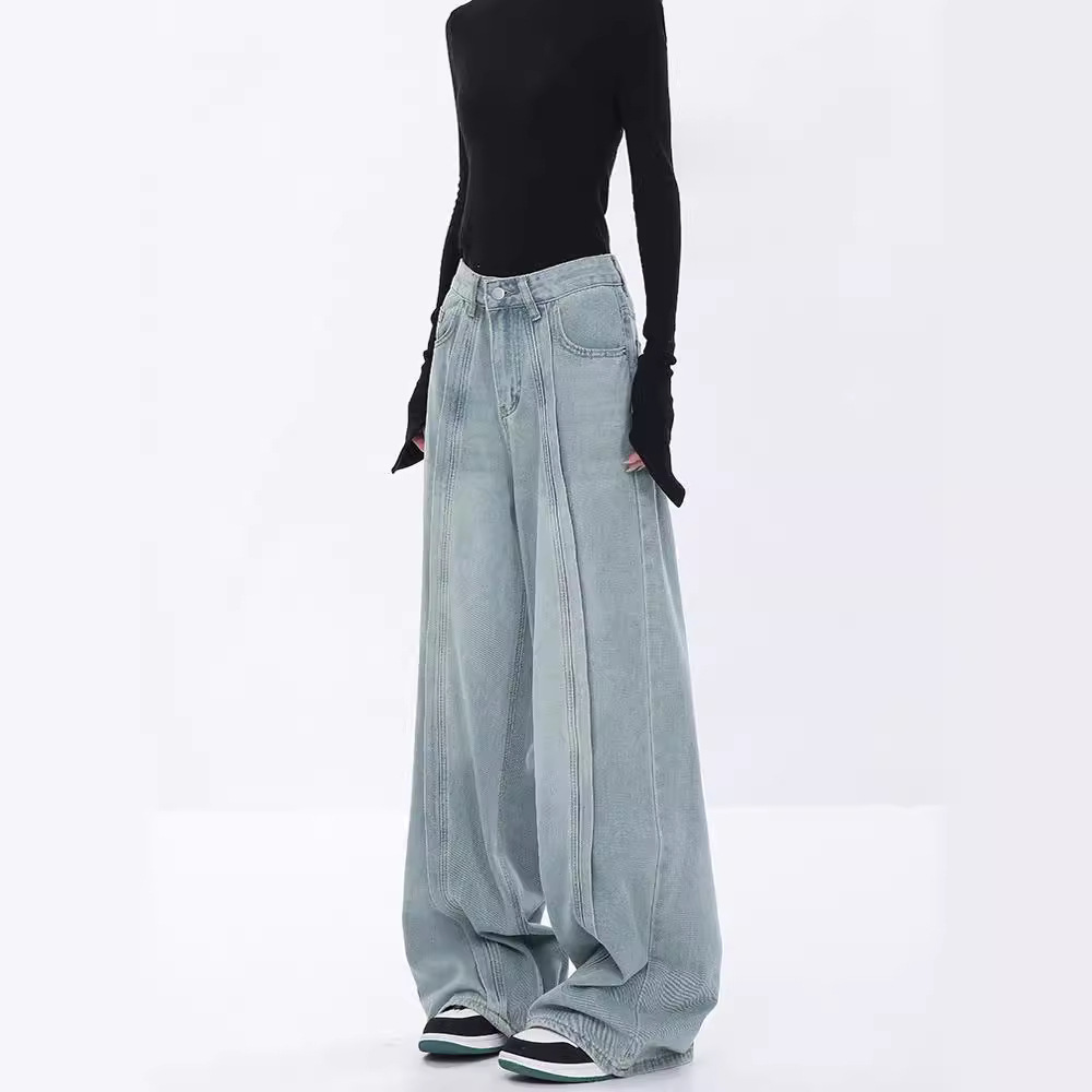 KEN STUDIO Spring and Summer New Blue Retro Washed Jeans Women's Pleated High Waist Slimming Wide Legs Pants