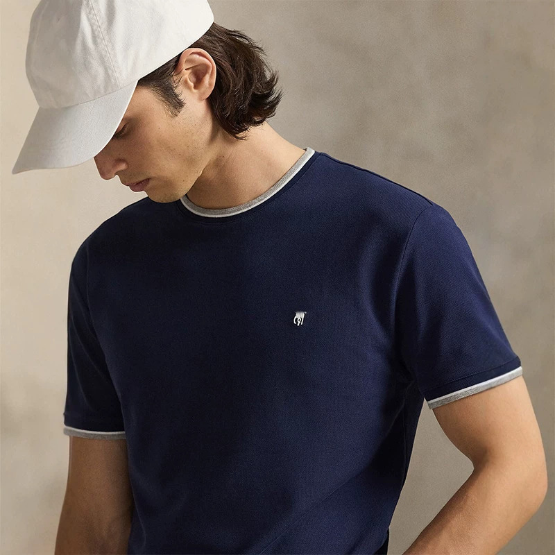 Rl Ralph Lauren New Spring/Summer Breathable Color-Block Mesh Pique Pure Cotton Men's Crew Neck Short-Sleeve T-Shirt