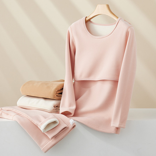 One-piece warm and thick thermal underwear set for pregnant women, autumn top and bottom with breastfeeding function, postpartum clothing 665