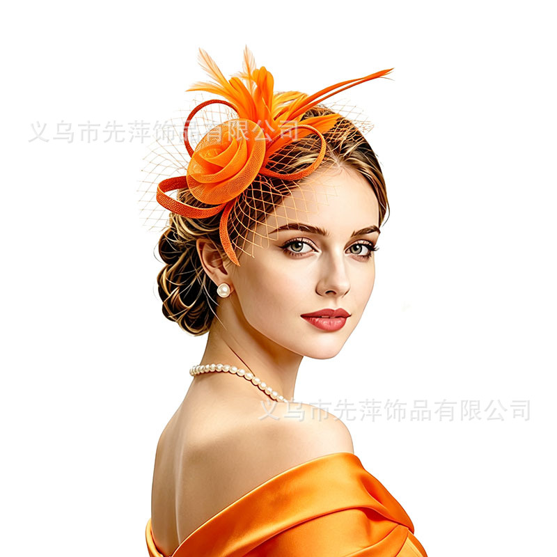 New Amazon floral headpiece, feather headband, horse racing festival headpiece, vintage mesh small top hat headpiece for women