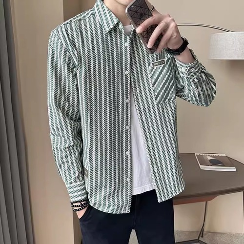 Men's Spring and Autumn Long Sleeve Shirt, Trendy Brand Stylish Casual Versatile Fashion Striped Collar Shirt, Men's Outerwear
