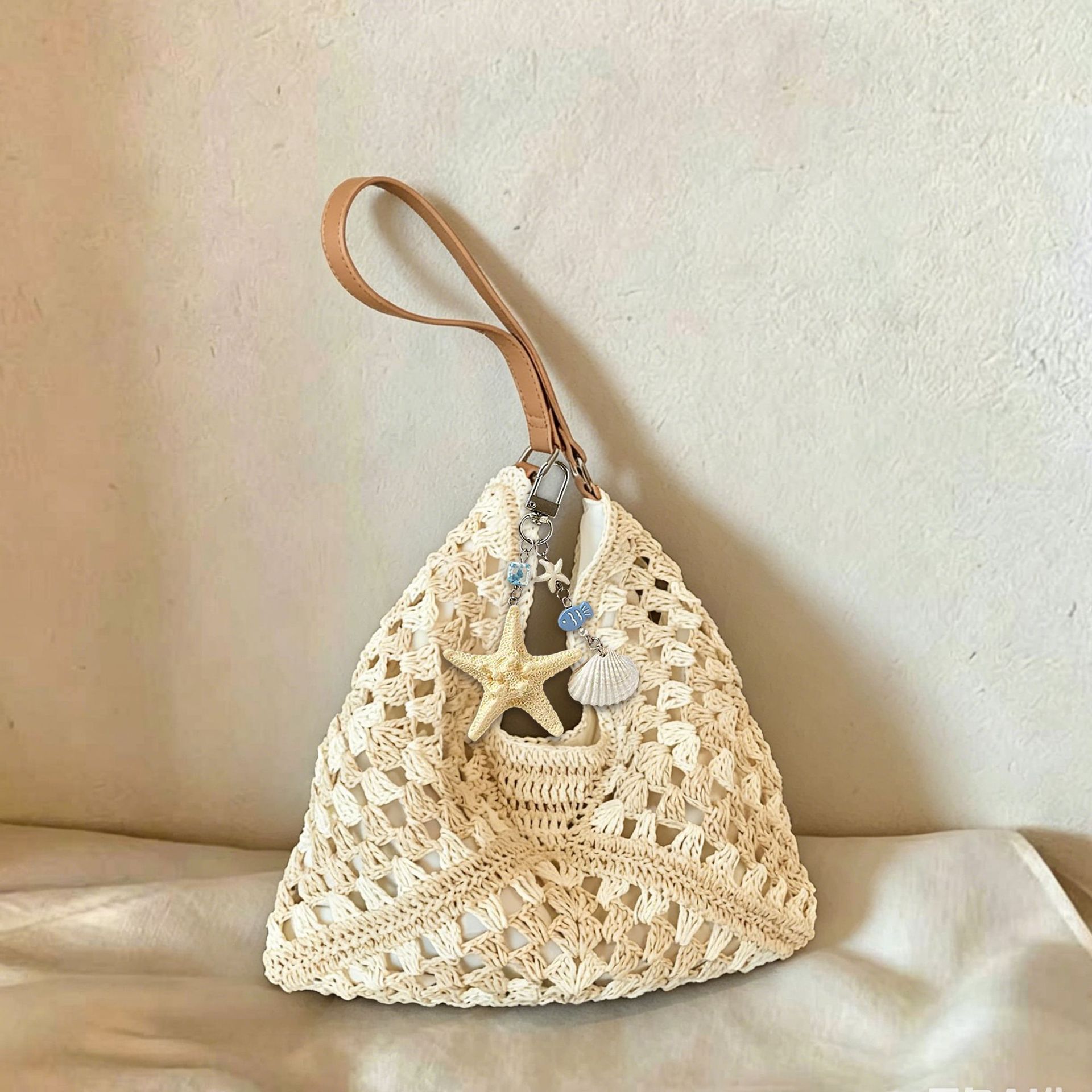 Bolsa de tela de paja de gran capacidad de color extranjero, bolsa de hombro casual de moda junto al mar, bolsa de tote simple