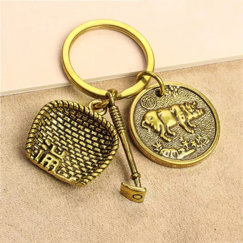 Pure Copper Five Emperors' Coins, Copper Gourd, Dustpan, Hoe, Car Keychain, Twelve Zodiac Signs, Portable Pendant