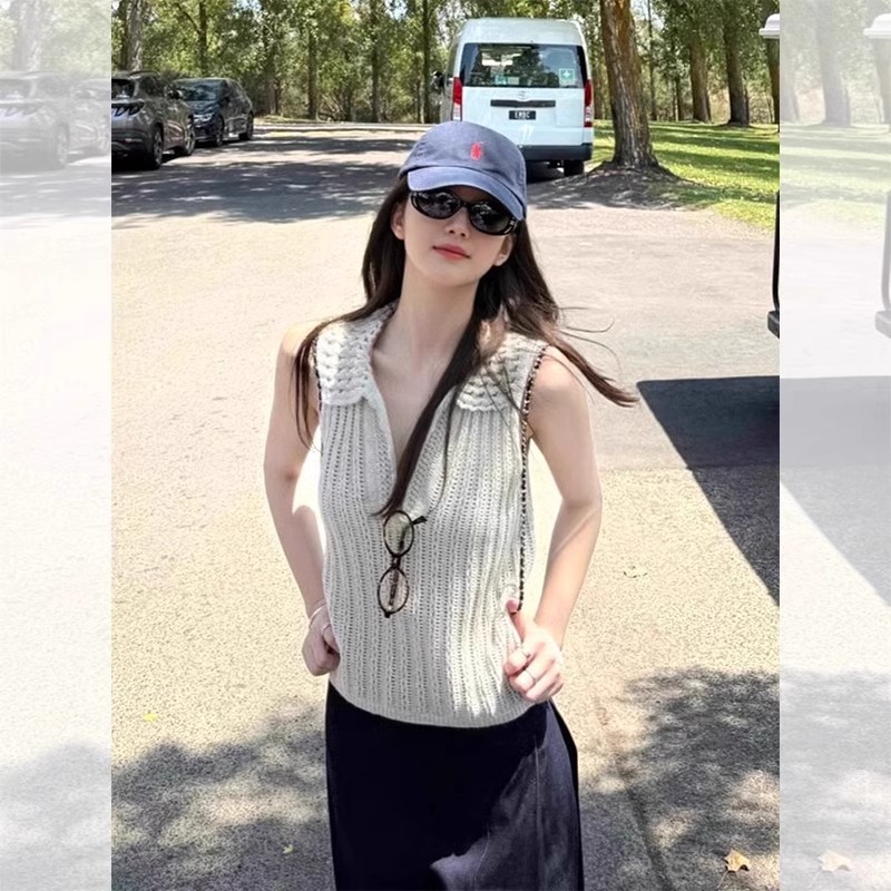 French-Style Hollow-Out Vest 2025 New Women's Slim-Fit Design Niche Outerwear V-Neck Pure Desire Knitted Top