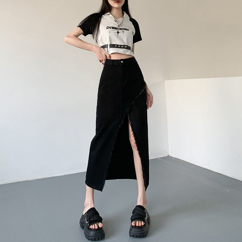 K High Waist Slimming Irregular Split Denim Skirt With Fringed Edge Design, A-line Mid Length Skirt_voghion.com