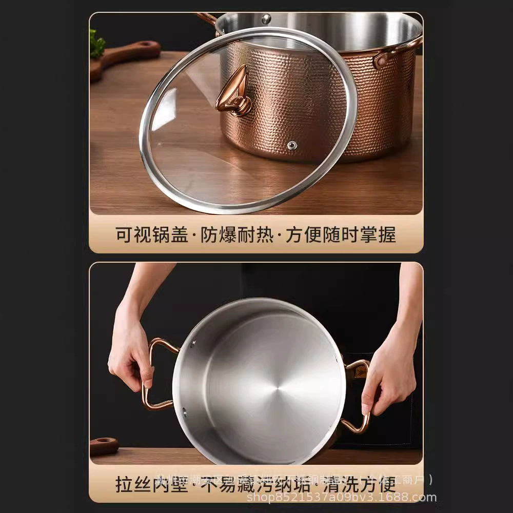 High -end 304 hot pot three -layer steel hammer pattern soup soup pot large -capacity coconut chicken hot pot household commercial use for household commercial