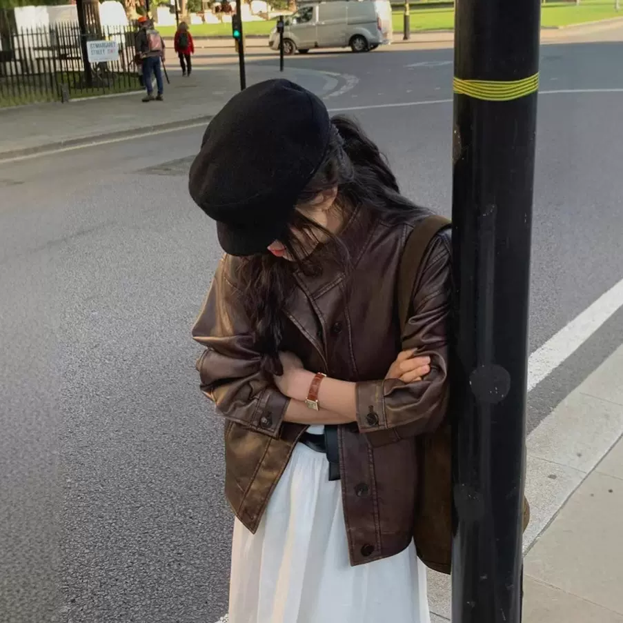 现货 东大门韩系棕色皮衣女宽松2025春款ins简约休闲外套overt*ke