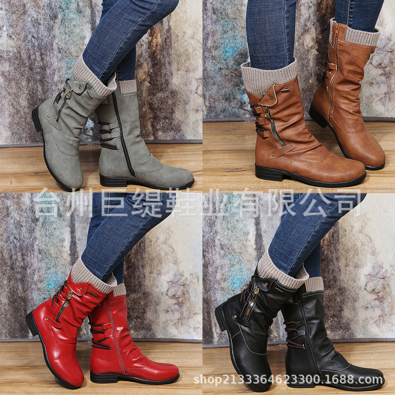 Juti In-Stock New Foreign Trade Long Boots 2024 Winter European and American Foreign Trade Flat Large Size Women's Wool Martin Boots