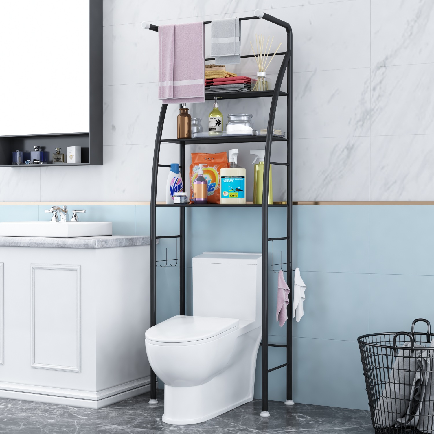 Baño inodoro rack de almacenamiento piso inodoro rack lavadora rack de almacenamiento cuenca rack