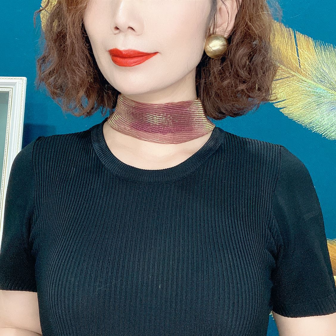 가죽 핑크-다채로운 마그네틱 버튼 실크 스카프