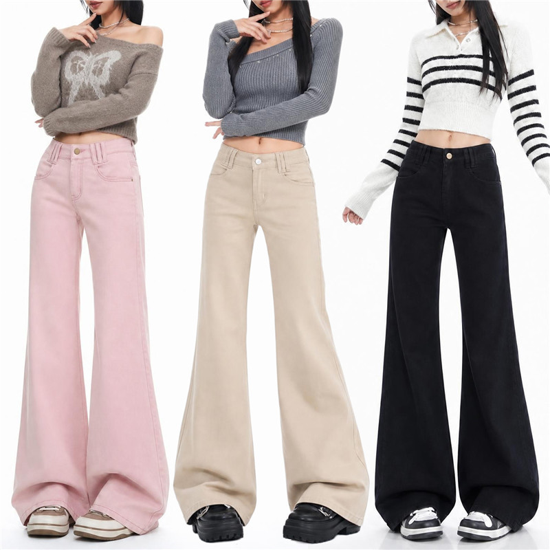 Pink low-waist slim-fit flared jeans for women, new autumn 2026 model, slimming, not tight-fitting, straight-leg flared floor-length pants