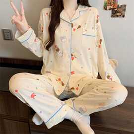 复古卡通印花两件套女士家居服春夏秋长袖长裤睡衣套装女跨境货源
