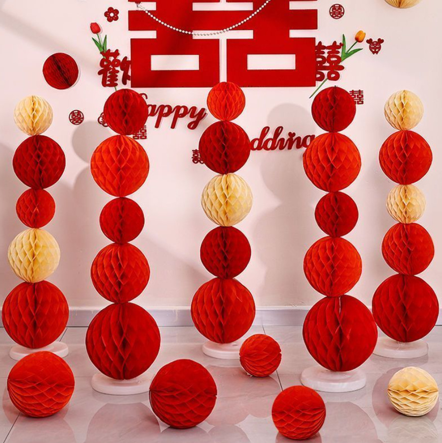 La atmósfera de la bola de panal abre los adornos de la linterna de boda, la inauguración de la casa de año nuevo, el diseño de la escena decorativa de estilo chino 2025 nuevo