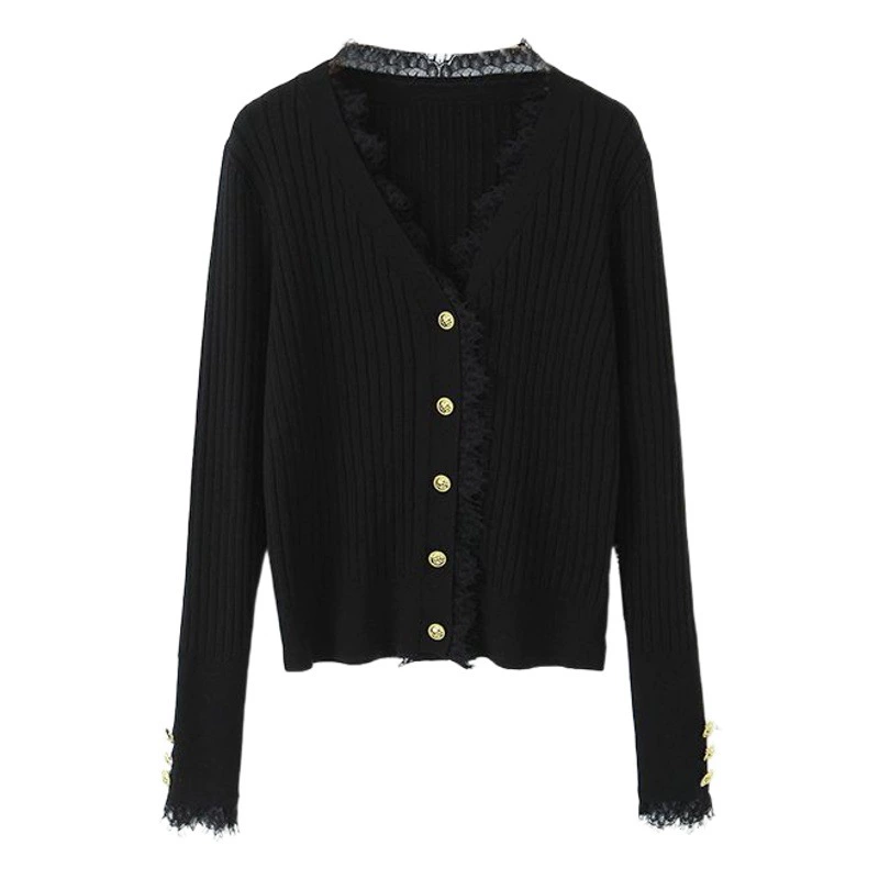 Сяо Сян Стиль V-образным вырезом кружева края вязаный кардиган Runhe N8826 Плюс Размер французского оборудования девушка вязаный кардиган Топ