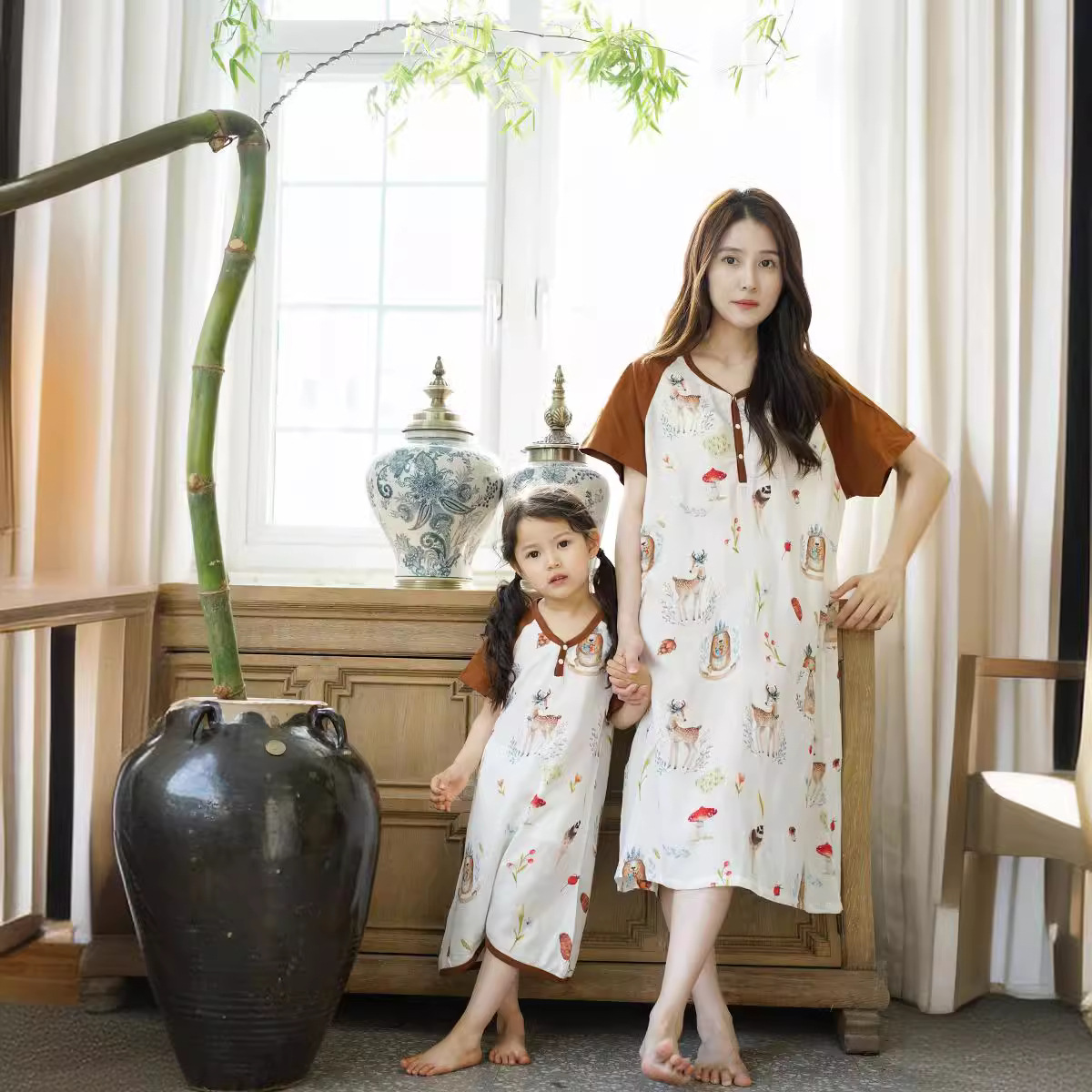 대나무 면 부모-어린이 홈 옷 여름 경량 모기 방지  잠옷 어머니 잠옷 부모-자식 옷 홈 세트