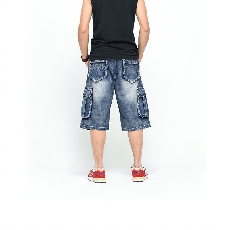 1808-1 American retro workwear denim shorts for men, summer loose fit, multi-pocket design, cropped length, washed and distressed finish, wide-leg style 1808-1 American retro workwear denim shorts for men, summer loose fit, multi-pocket design, cropped length, washed and distressed finish, wide-leg style