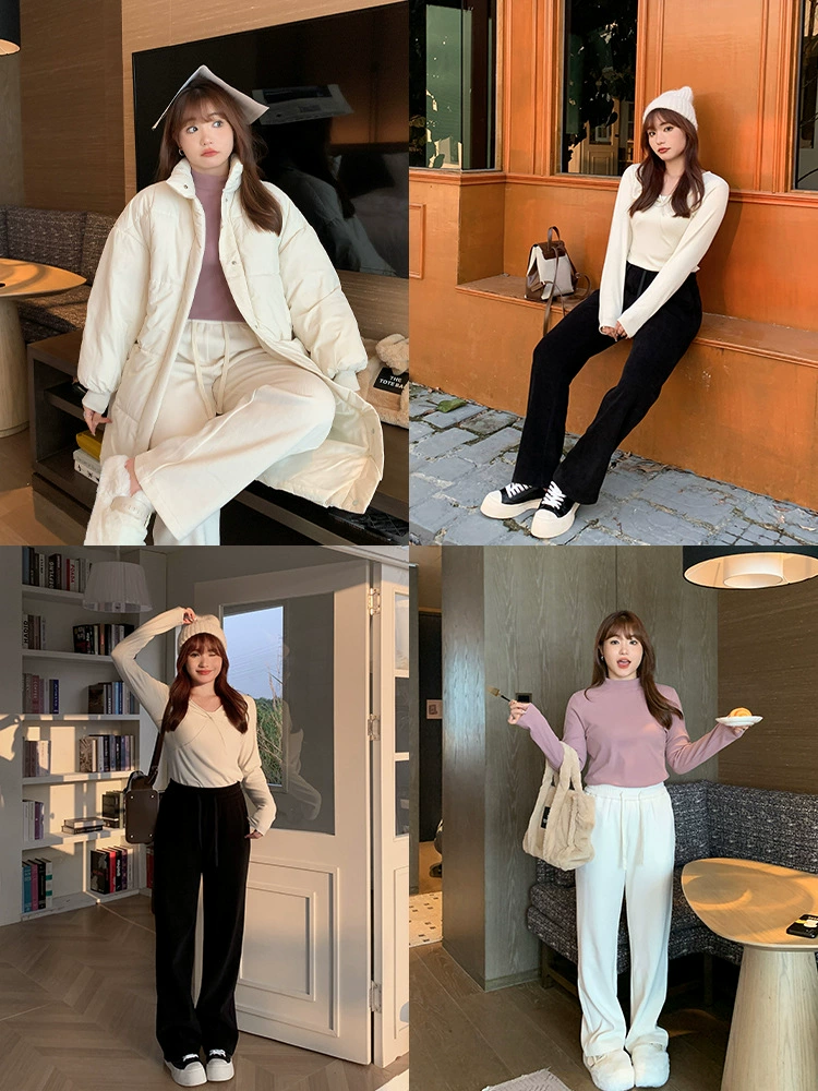 Spring warm trousers, plus size, high waist, loose straight fit