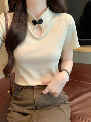 New Chinese Style Embroidered Collar Top with Short Sleeve for Spring 2025, Women's Casual Half Collar T-Shirt