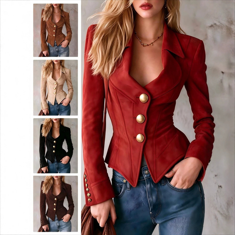 2026 New European and American Fashion Slim Fit Women's Blazer, Autumn and Winter Short Long-Sleeve Solid Color Suit Collar Single-Breasted Jacket