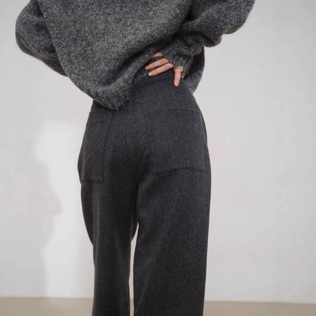 Высокая талия, свисая, тонкая, прямые брюки, грей темно-серый шерстяной костюм, широкие брюки, женские осень и зима