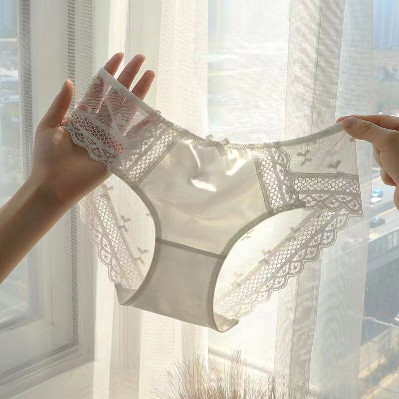 Sexy lace underwear Women's European and American gorgeous satin love embroidered soft mesh hollow transparent cotton crotch breathable low waist