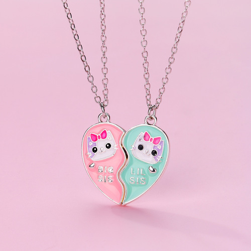 Cross-border new product children's necklace cartoon love pink and green big sister and little sister alloy dripping oil necklace set wholesale