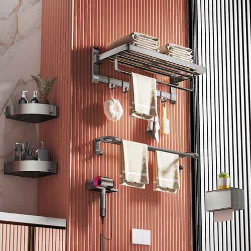 Thickened Pearlescent Gun Gray Space Aluminum Bathroom Hardware Hook Set Folding Hook Set Jinfasheng Bathroom TK19