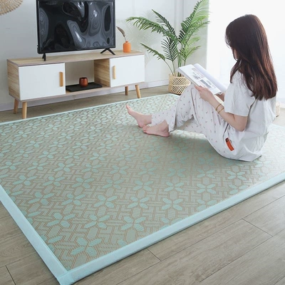 Summer Japanese-Style Cooling Mat for Bay Window, Balcony, Tatami, Straw Mat, Tea Table, Bedside Carpet, Simple Modern Children's Crawling Mat (Car Carpet) - flowers-bloom-and-prosper-green-60-cm-wide-and-180-cm-long-upgraded-linen-binding