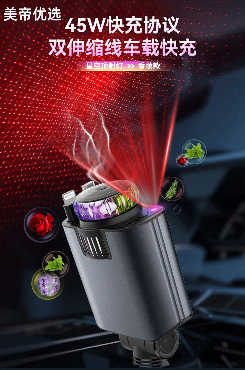Car Charger Pd Flash Charging Retractable Cable Fast Charging Cigarette Lighter Cross-Border Aromatherapy Spray Atmosphere Light D1 Cross-Border