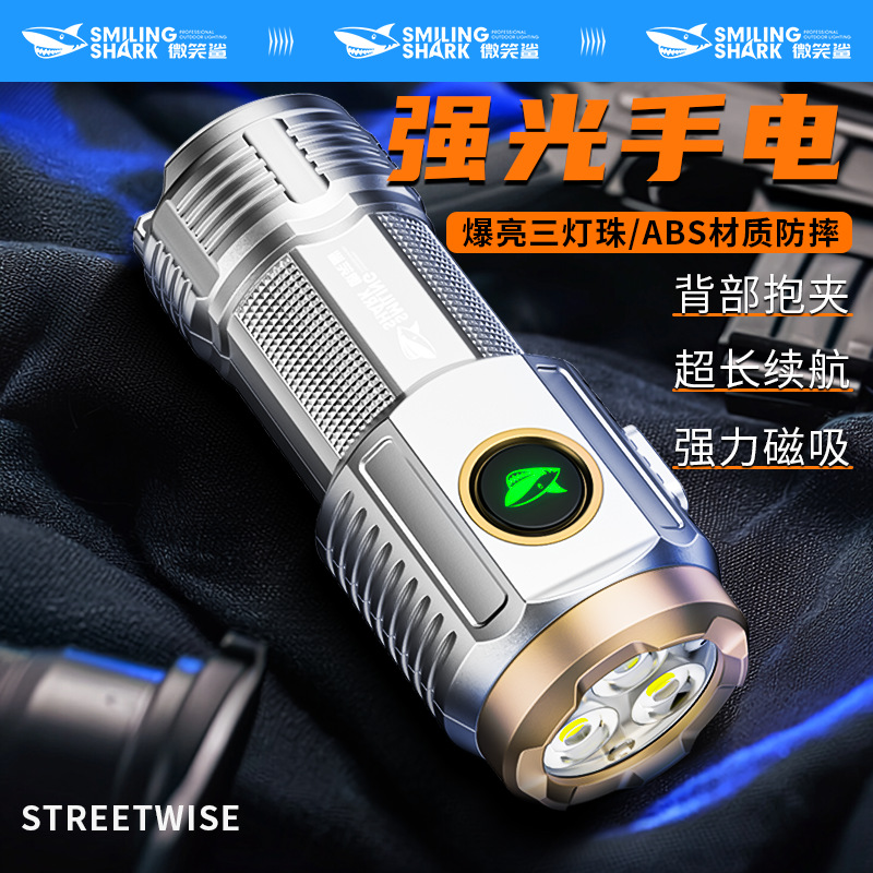 Cross-Border New Mini Fixed Focus High-Brightness Flashlight Portable Clip-On Design with Magnetic Suction Outdoor Three-Bead Strong Light Flashlight