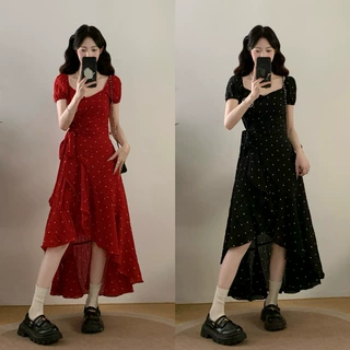 肥柒柒大码女装 红色波点花裙肌理感不规则裙摆字裙短袖连衣裙子
