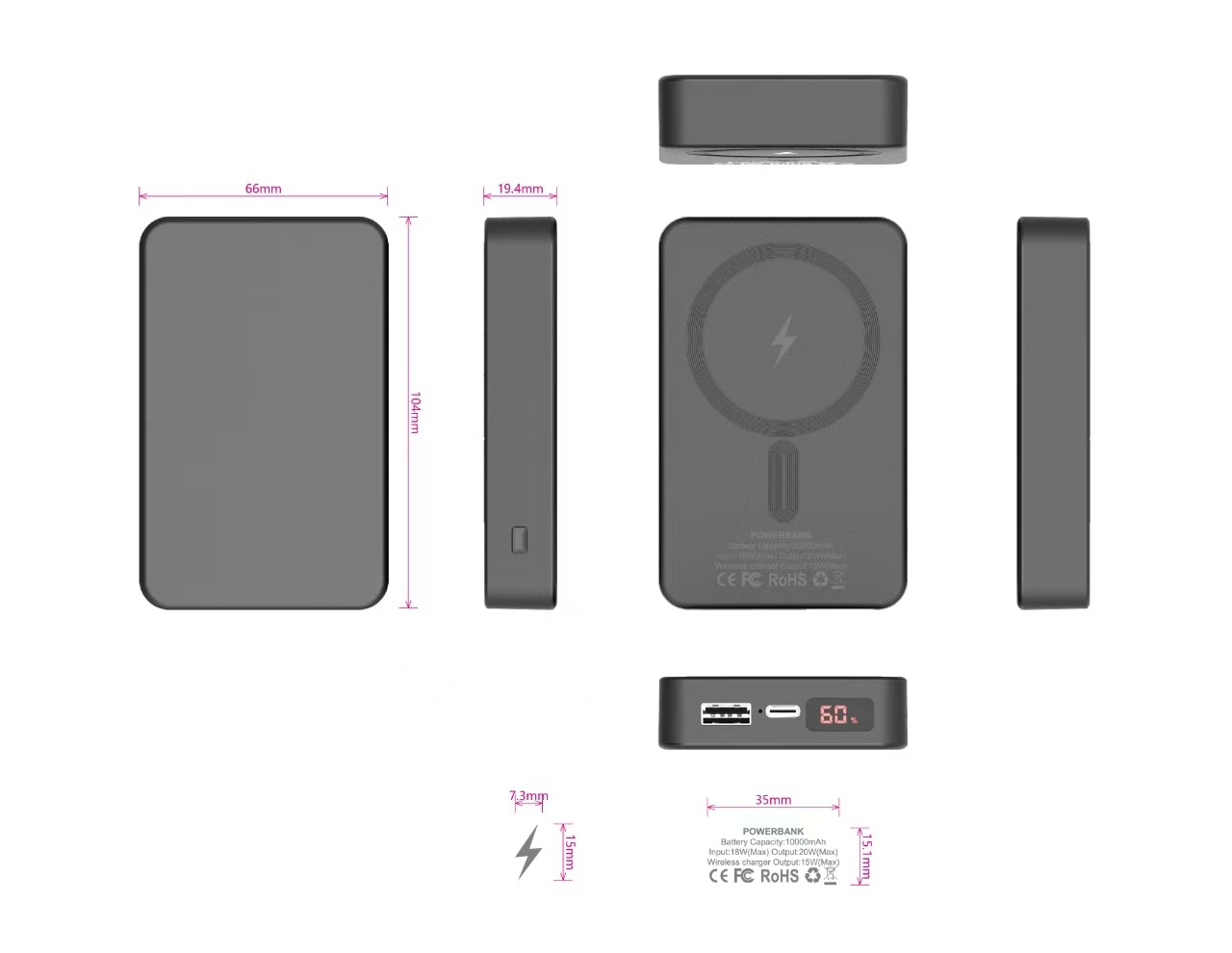 LED beleuchtete Magsafe magnetische kabellose Schnellladefähigkeit mobiles Stromversorgungsgerät mit Rücklicht 15W kabelloses Schnellladen Powerbank