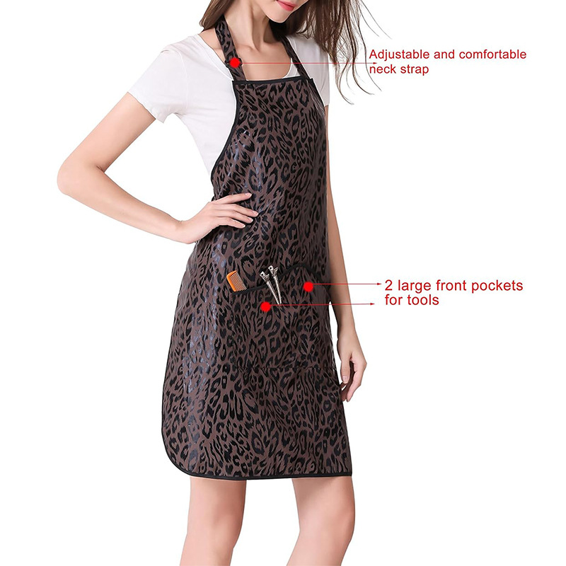 Nuevo delantal de poliéster transfronterizo logotipo personalizado estampado de leopardo cuello halter fijo jardinería al aire libre mono delantal impermeable