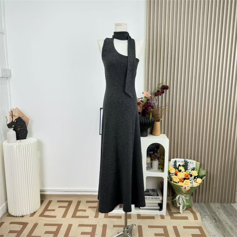 Curvy Sculpting Dress: Spring Halter Neck Asymmetrical Shoulder Slim Fit Sexy Dark Gray Knitted Long Dress Curvy Sculpting Dress: Spring Halter Neck Asymmetrical Shoulder Slim Fit Sexy Dark Gray Knitted Long Dress