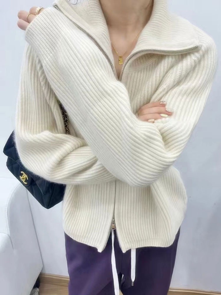 秋冬厚手ハイネックウールセーター、ダブルジッパーカーディガン、無地ストライプコート、レディースカシミヤ、上品通勤スタイル