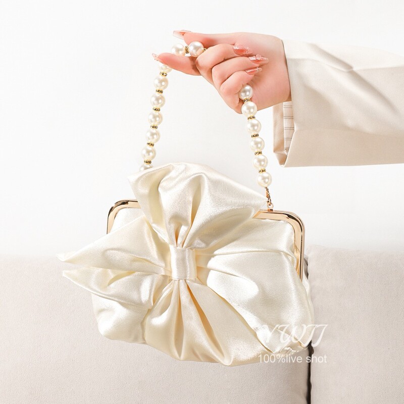 French Style Sweet Retro Style Bow Satin High-end Pearl Handbag Wedding Women's Evening Bag