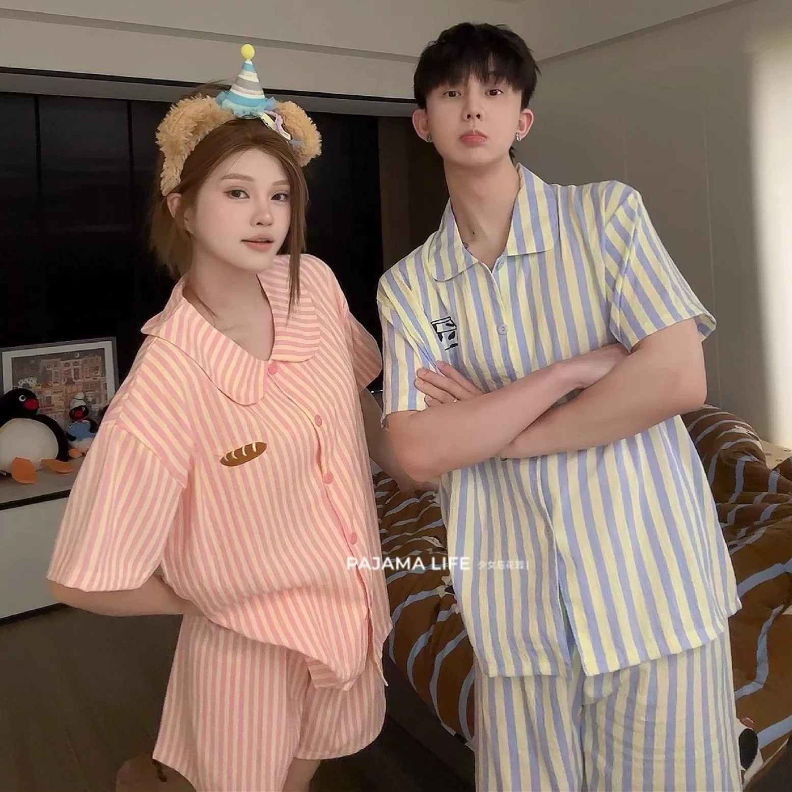 [Tinker Bell] Пижамы для пар больших размеров, летние свободные тонкие домашние костюмы с короткими рукавами, которые можно носить на улице