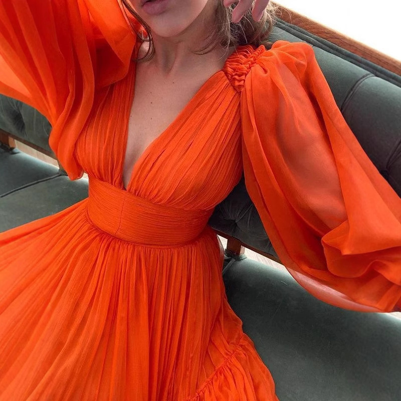 Comercio exterior ropa de mujer transfronteriza Amazon AliExpress retro cuello en V burbuja manga larga pliegue larga vestido de noche