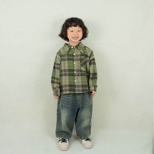 Children's shirts spring and autumn new men and women children Korean style retro grid pocket shirts baby Korean style shirts outerwear trendy